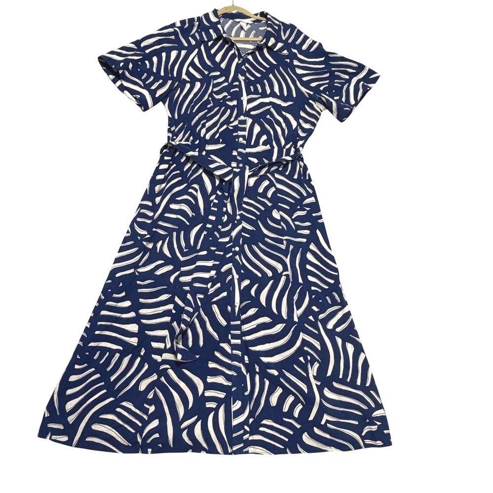 H&M Shirt Dress Women L Blue Leaf Print Short Sleeve Belted Button Front Midi - Picture 2 of 13